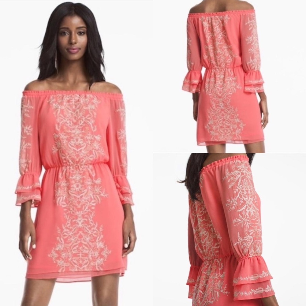 WHBM White House Black Market Coral Off the Shoulder Dress with Embroidery